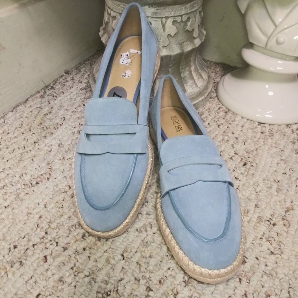 Michael Kors Jute Trimmed Blue Suede Loafers - Picture 2 of 7